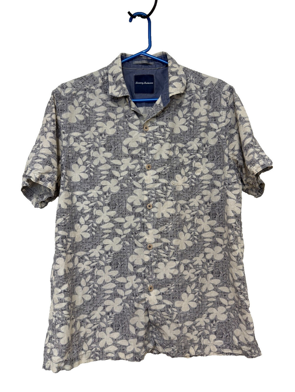 Tommy Bahama Men’s Small Silk Cotton Floral Hawaiian Shirt Gray Ivory Button Up